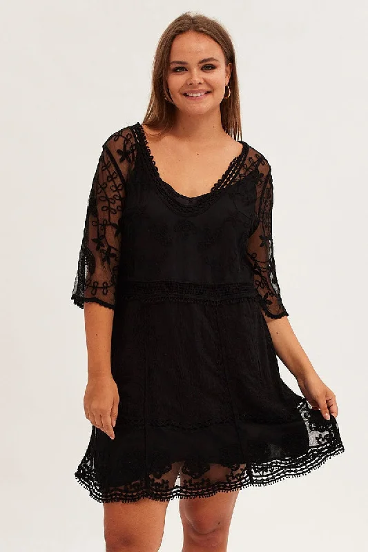 Black Lace Dress Embroidered Short Sleeve With Slip