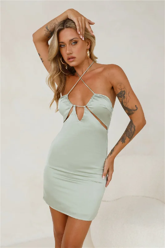 Brunch By The River Satin Mini Dress Sage