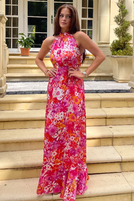 Paloma Pink Floral Tie Neck Maxi Dress