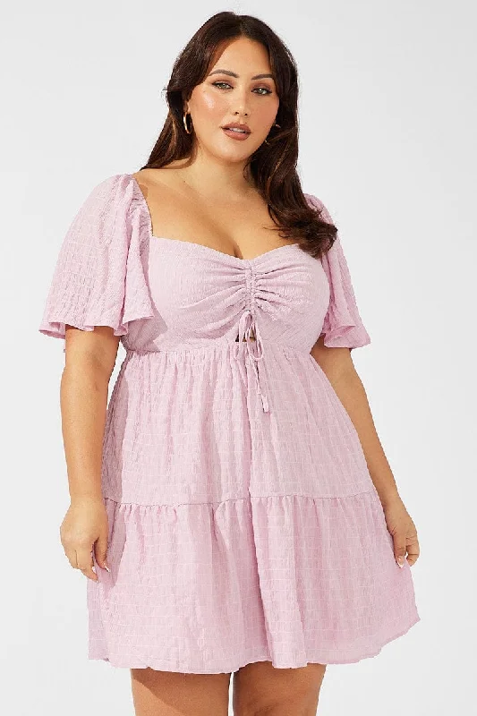 Pink Fit And Flare Dress Short Sleeve Cut Out