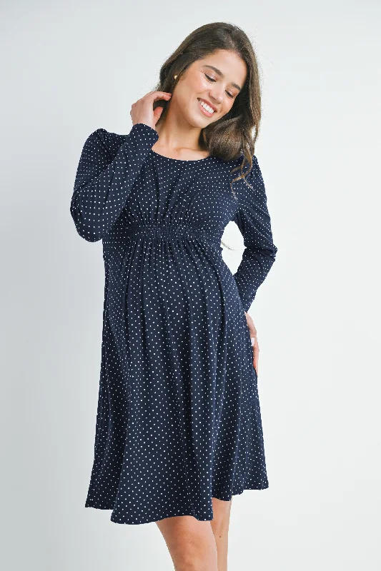 Polka Dot Shirred Waist Long Sleeve Maternity Dress