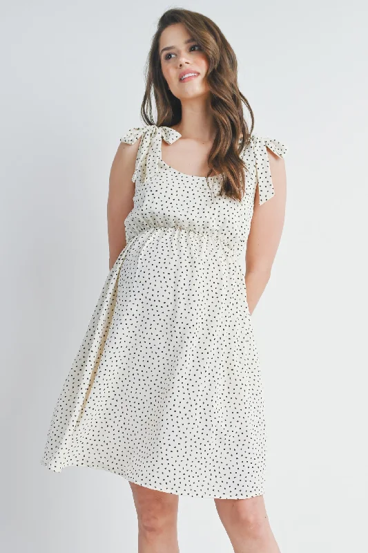 Polka Dot Tie-Shoulder Scoop Neck Maternity Dress