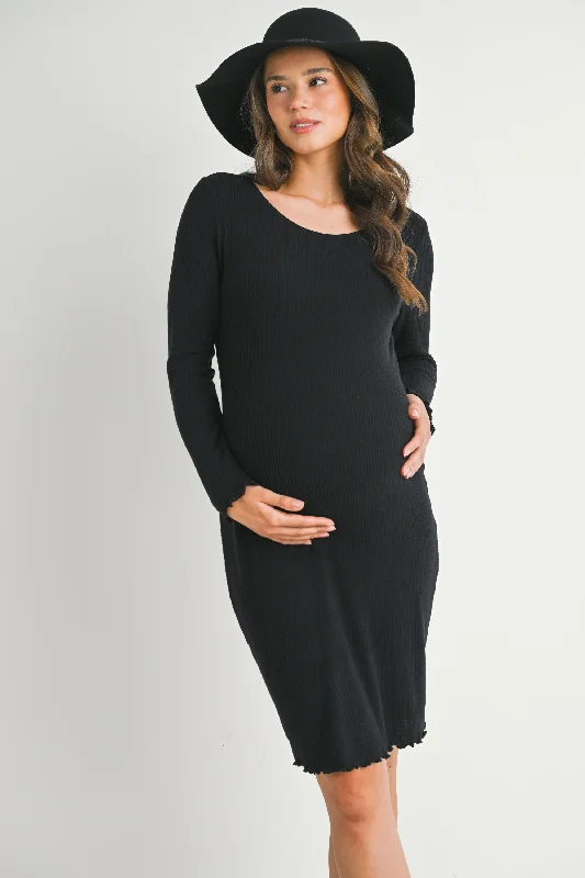 Ribbed Lettuce Trim Long Sleeve Maternity Dress