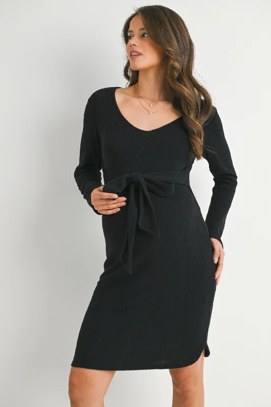 Ribbed V Neck Long Sleeve Tie Waist Maternity Dress