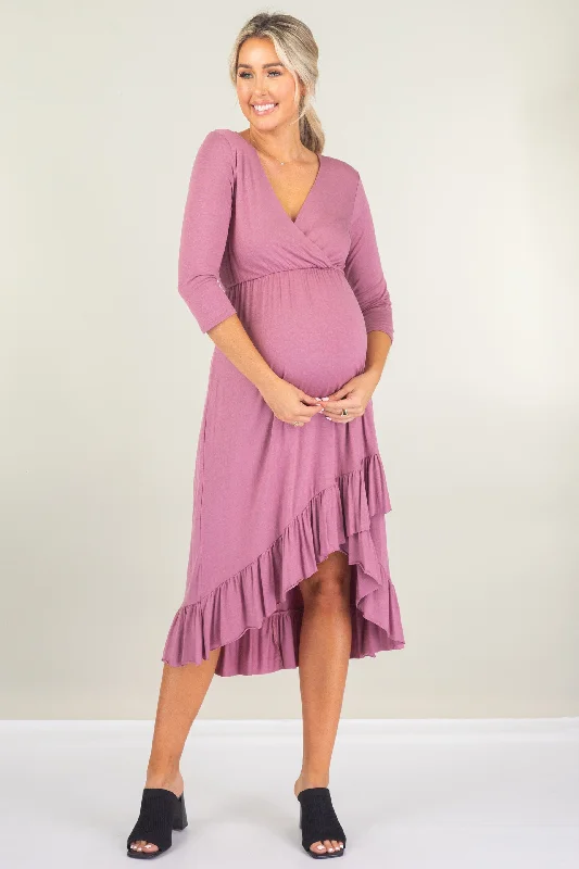 Maternity and Nursing ¾ Sleeve Faux Wrap Dress