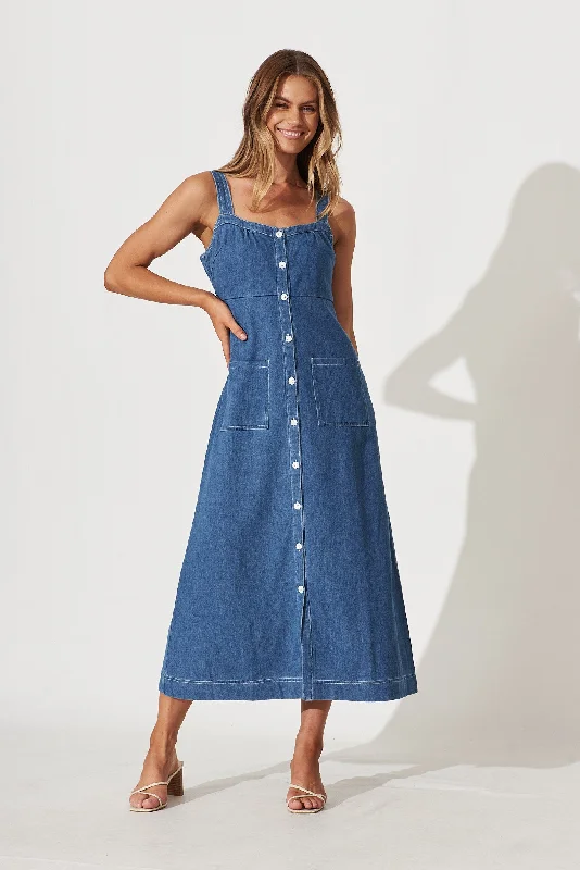 Dream Midi Dress In Wash Blue Denim