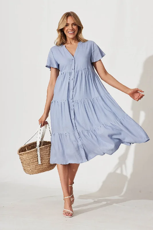 Marvela Midi Shirt Dress In Sky Blue Linen Blend