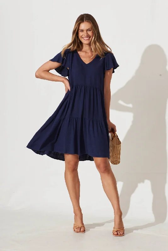 Tahiti Smock Dress In Navy Linen Blend