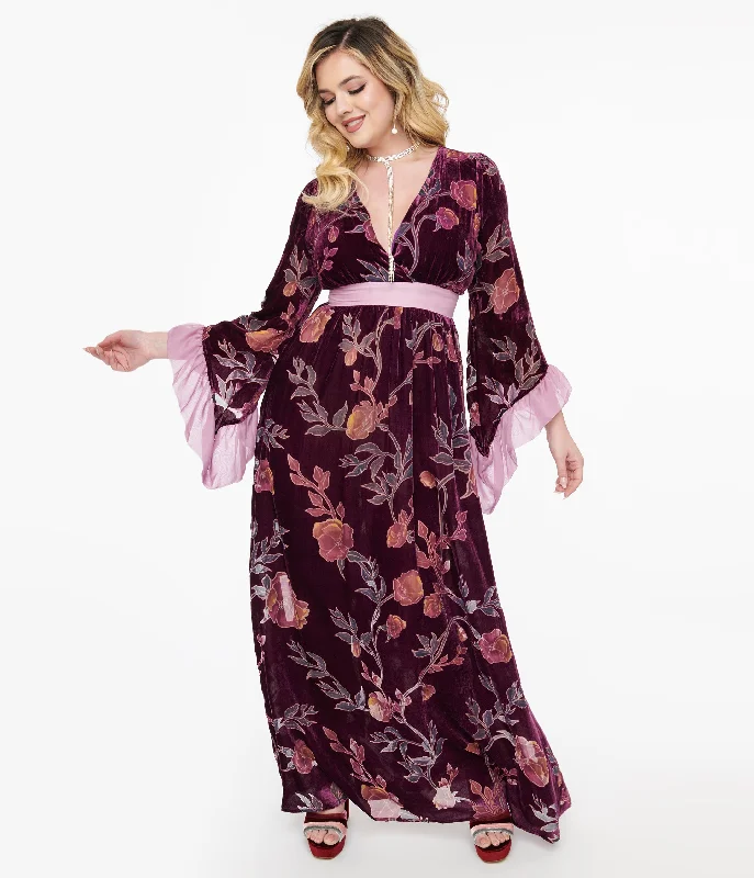 Unique Vintage 1960s Purple Floral Burnout Velvet Maxi Dress