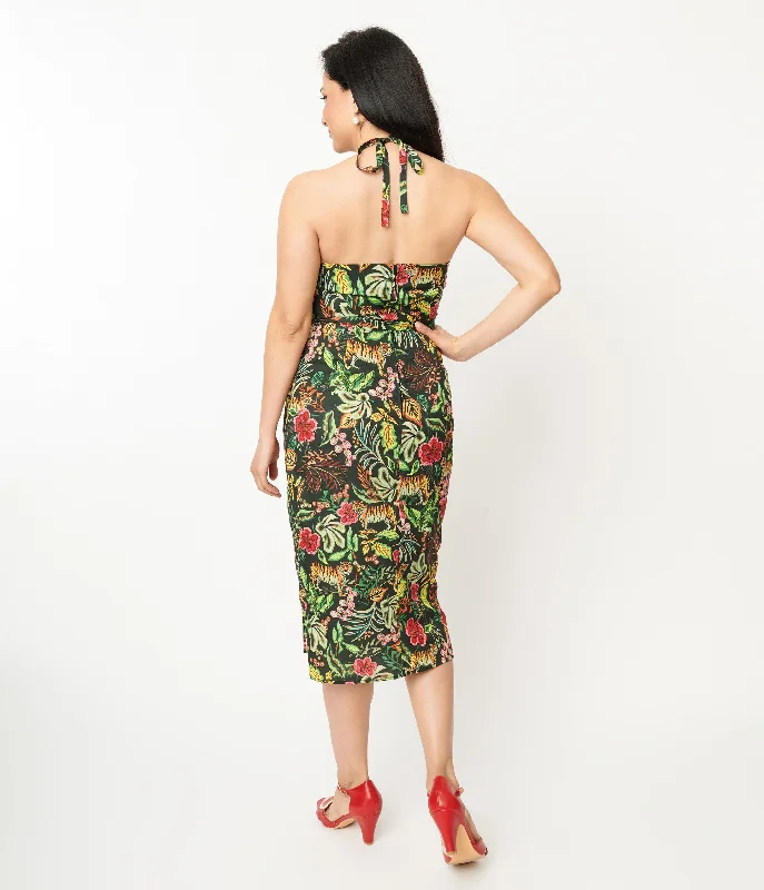 Unique Vintage Green Jungle Cat Print Leilani Sarong Dress