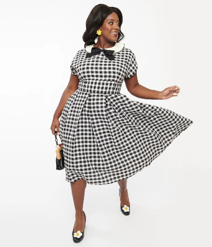 Unique Vintage Plus Size 1950s White & Black Gingham Swing Dress