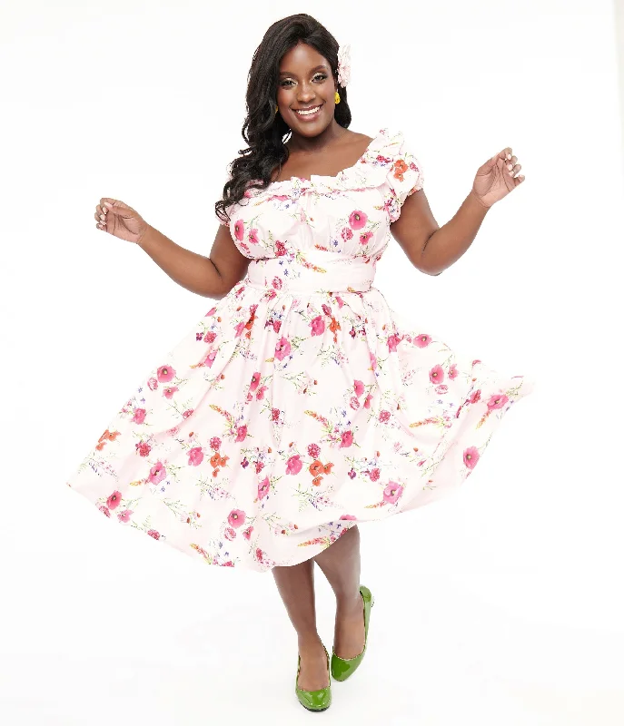 Unique Vintage Plus Size 1950s Pink Floral Off The Shoulder Ruffle Swing Dress