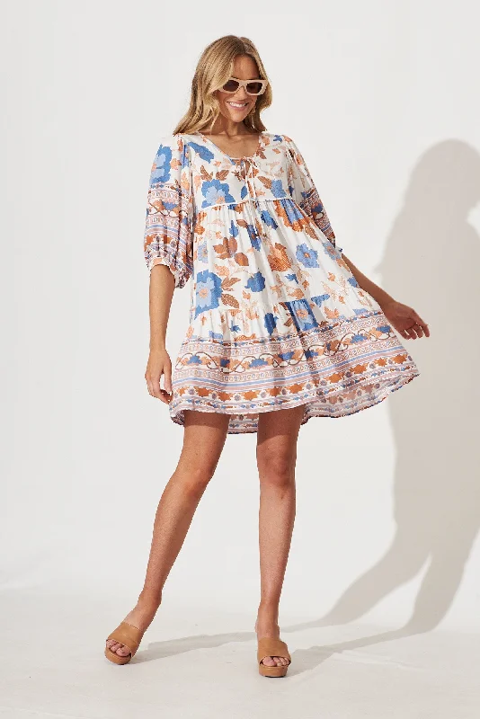 Wednesday Smock Dress In White With Rust Boho Floral