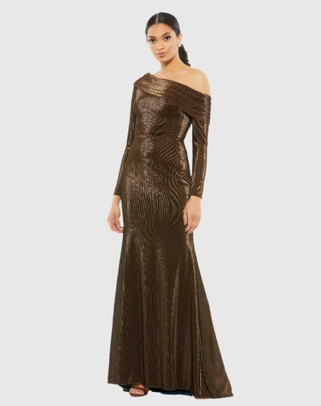 Textured Metallic Off-the-Shoulder Trumpet Gown