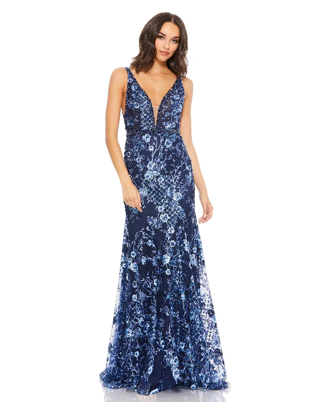 Floral Embellished Sleeveless Plunge Neck Gown