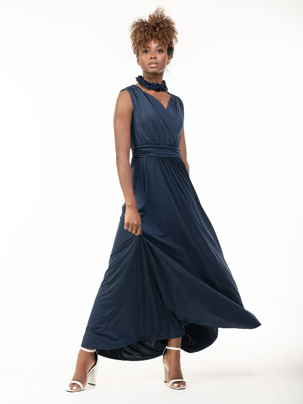 Plunge V Neck Draped Maxi Dress, Navy