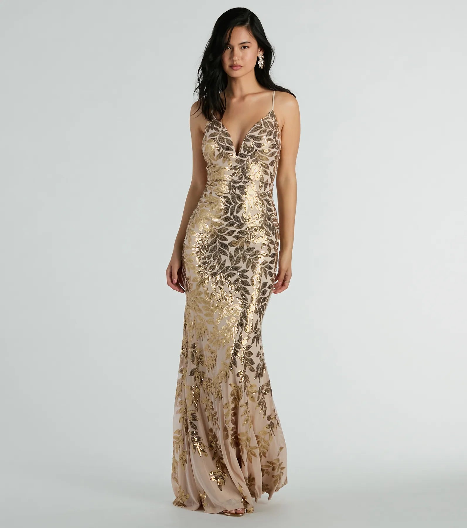 Brie Formal Sequin Leaf Plunge Mermaid Dress