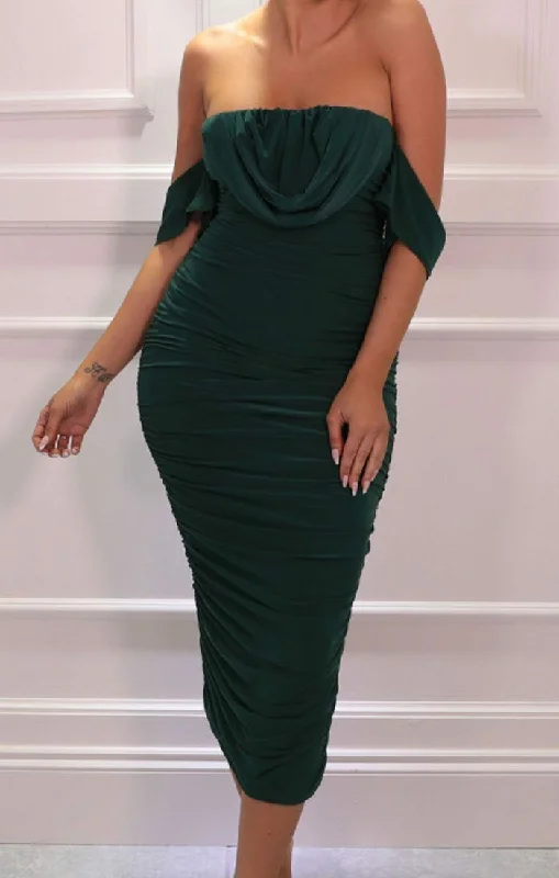 Emerald Bardot Cowl Neck Ruched Midi Dress - Malia