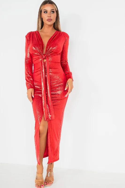 Juliette Red Metallic Tie Front Dress