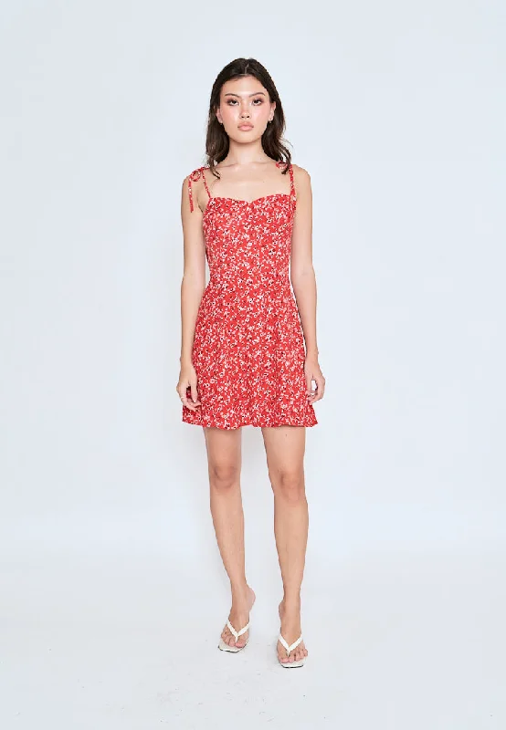 Evia Red Floral All Over Print Self Tie Strap Mini Dress