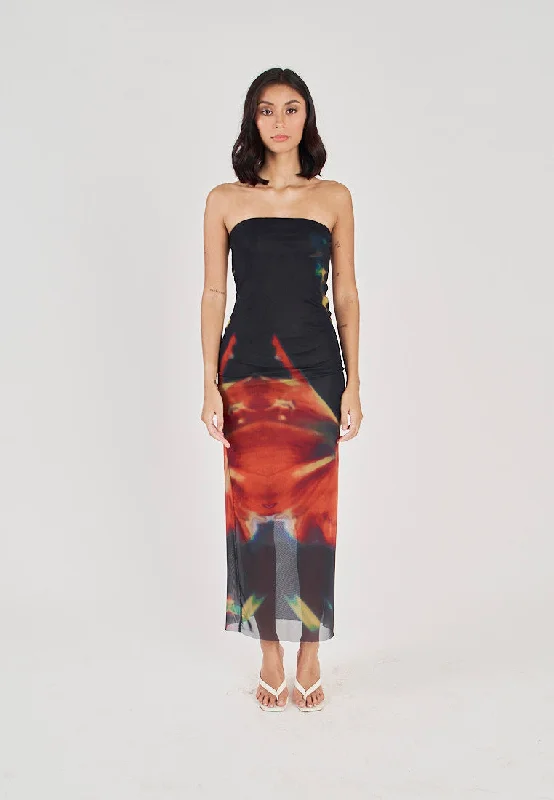 Colleen Black and Red Abstract Print Mesh Tube Midi Dress