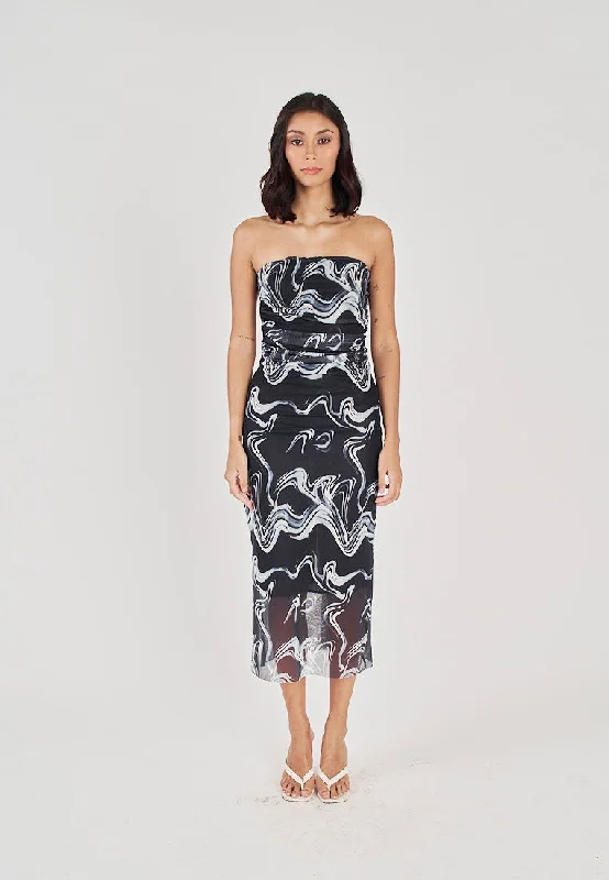 Elba Black with White Wave Print All Over Pleated Sides Mesh Tube Midi Dress