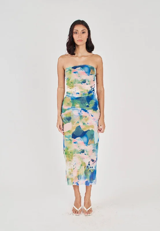 Elba Blue with Green Abstract Print Pleated Sides Mesh Tube Midi Dress