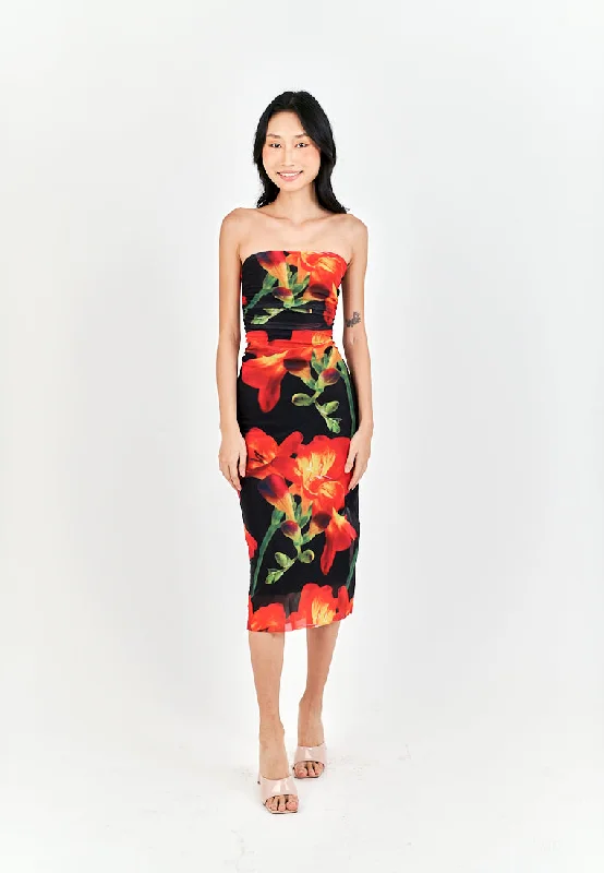 Elba Black with Orange Floral Pleated Sides Mesh Tube Midi Dress