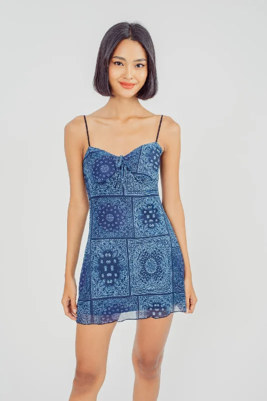 Ravella Blue Patchwork Print V Neck Bow Bust Sleeveless Mini Dress